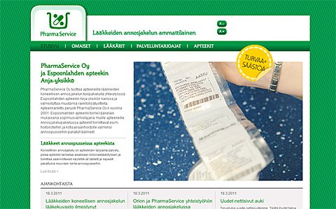 PharmaServicen kotisivut 2011 kuvakaappaus, 